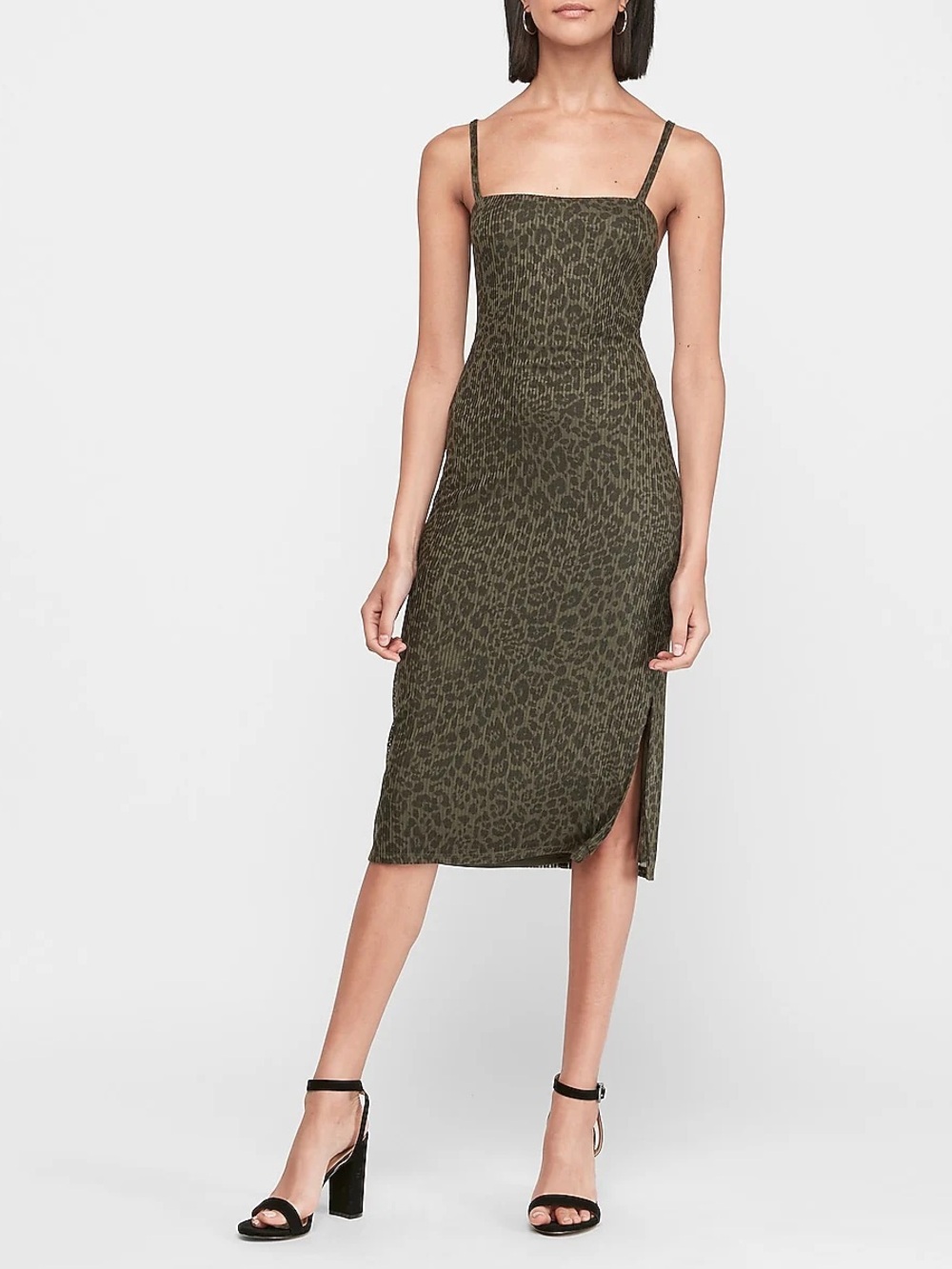 Express Olive Green Leopard Print Ribbed Midi Dress Sz M NWT Stretch Slip Dress